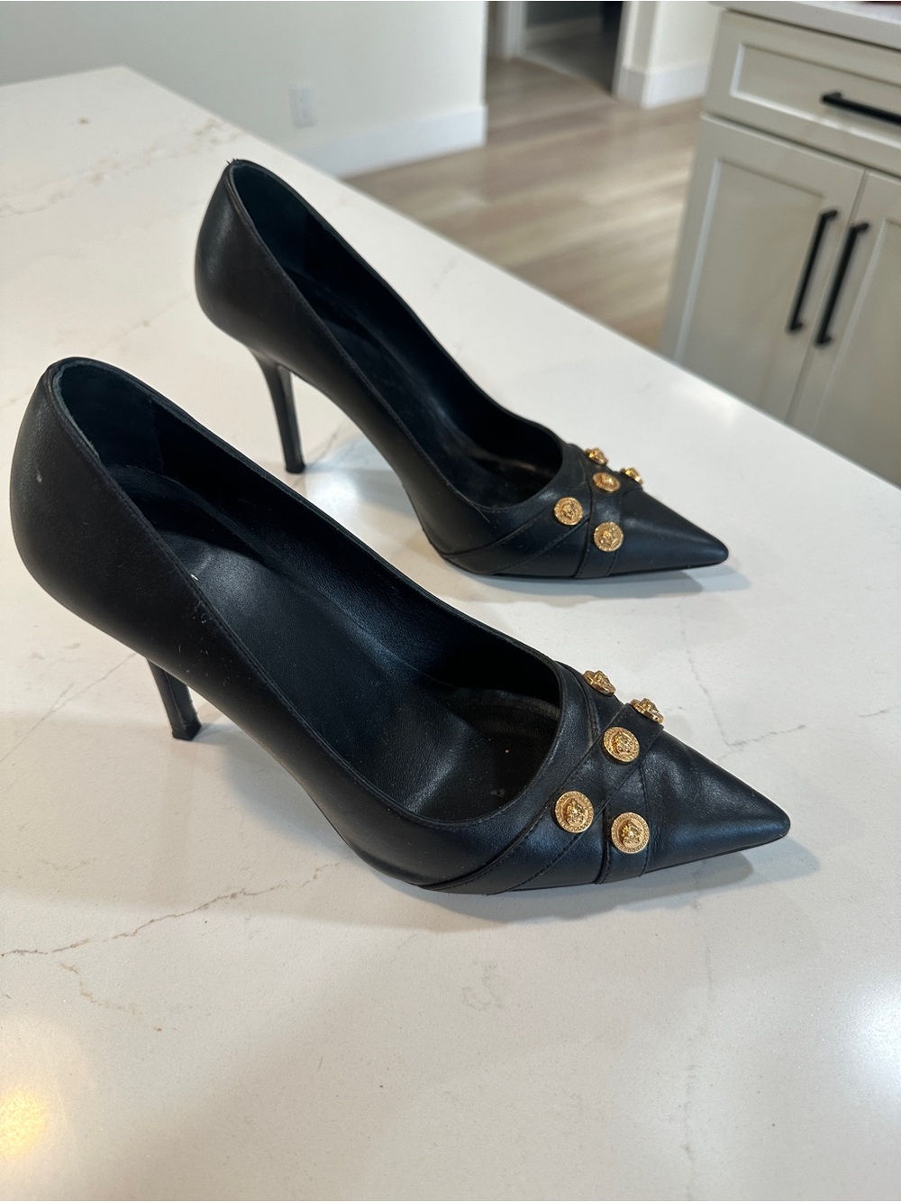 Versace Black Pointed Leather Pumps with Gold Medallion Buttons